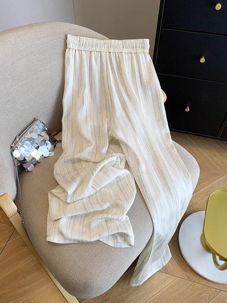 Women's Summer Satin Wide-Leg Ink Wash Pants – Casual, Floor-Length, Lazy Style