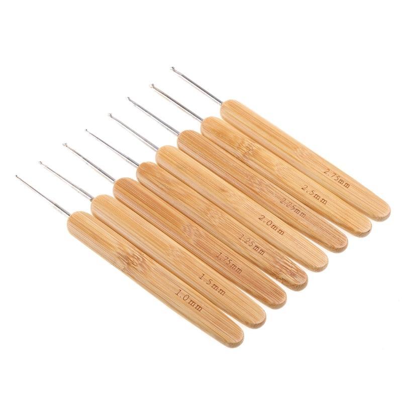 New Bamboo Handled Metal Crochet Hooks 8 Pcs 8 Sizes Needles Weave Craft