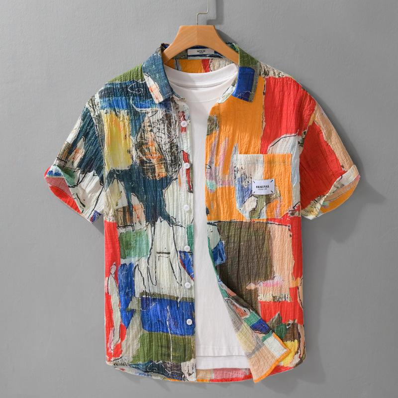 Moda Estiva Camicia Hawaiana Uomo Top Morbidi e Comodi Manica Corta Camicie Stampate Streetwear Giovanile Camicia Casual Pieghettata Maschile