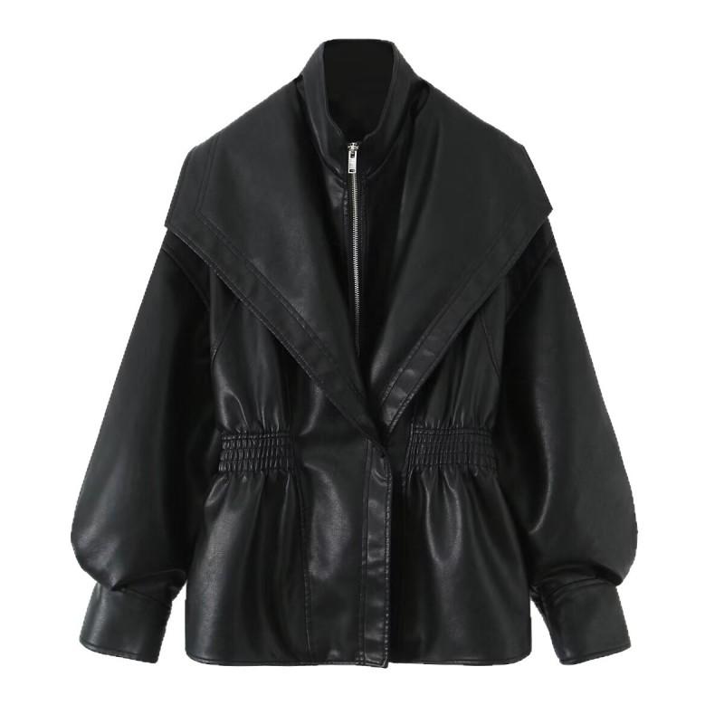 Chaqueta de Mujer para Otoño de Cuero Sintético Moderna Solapa Versátil Manga de Linterna Estilo Callejero Ropa de Abrigo