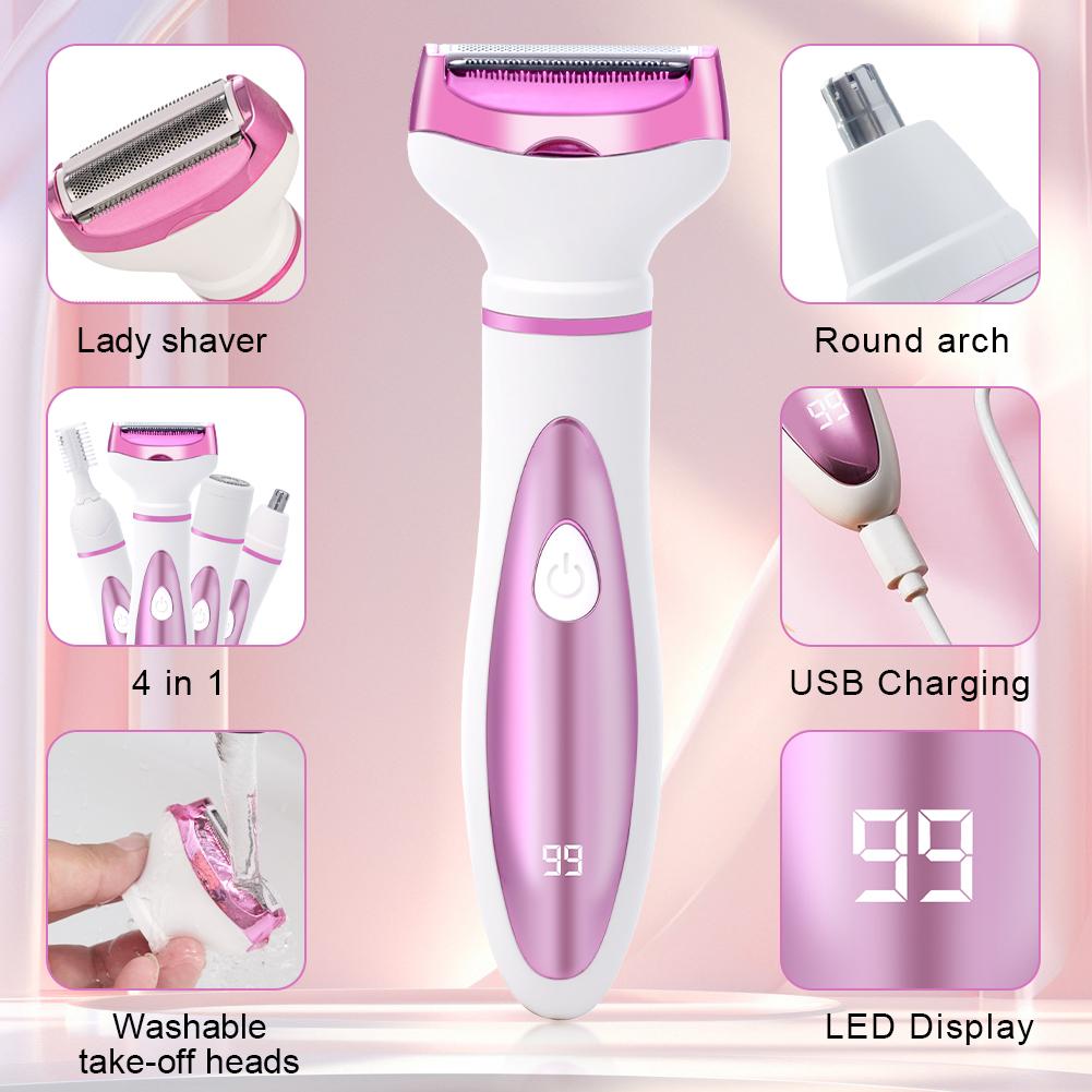 Set Rasoio Multifunzione 4-in-1 per Donna - Depilatore Multifunzione Impermeabile con Ricarica Rapida USB