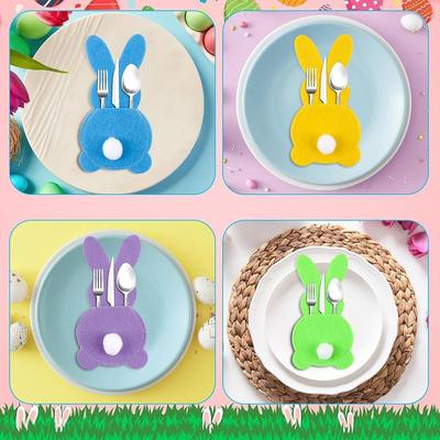 4 pièces Supports à ustensiles réutilisables Lapin Porte-fourchets de Pâques Lapin Accessoires Sac à couverts de Pâques Fête