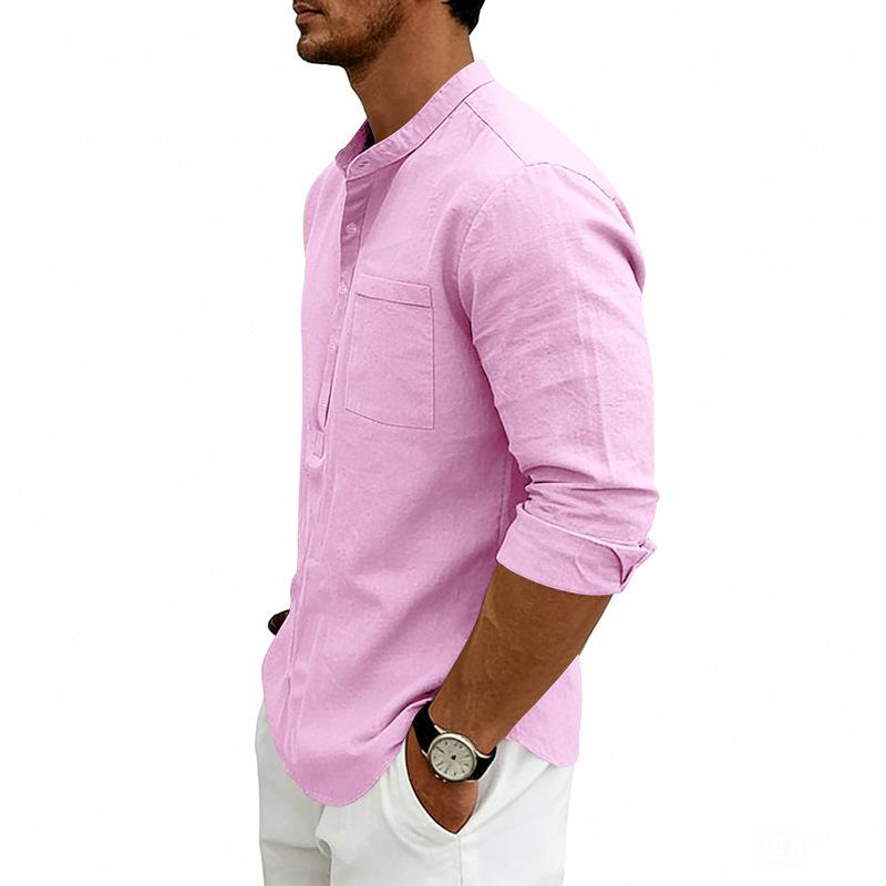 Linen T-Shirt Men Henley Neck Pocket Casual Beach Long Sleeve Solid Color Male Tops Vintage Streetwear TShirts