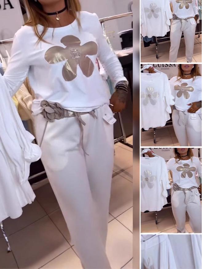 Women's Floral Pattern Casual Long Sleeve White T-Shirt - European Design