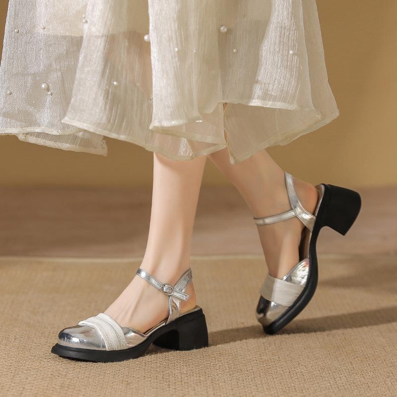 Sandals women's summer new bag head silver mesh thick heel empty Mary Jane single shoes women