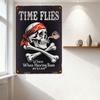 Vintage Metal Tin Sign 'TIME FLIES' Skull & Crossbones Rum Bar Decor Aged Distressed Pirate-Themed Wall Plaque for Man Cave Cafe