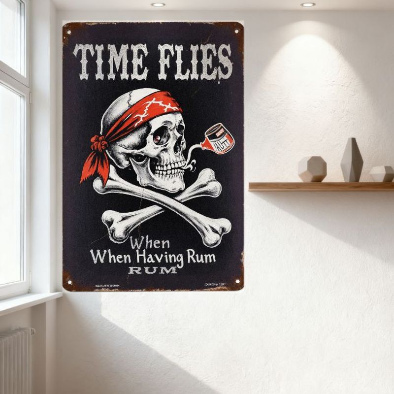 Vintage Metal Tin Sign 'TIME FLIES' Skull & Crossbones Rum Bar Decor Aged Distressed Pirate-Themed Wall Plaque for Man Cave Cafe