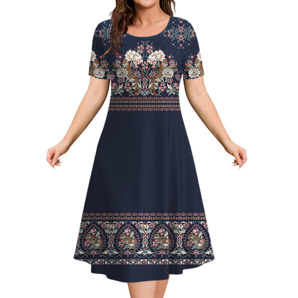 Ethnic Style Women's A-line Skirt Summer Fashion Casual Dress Flower Clothes Ladies Loose Casual Round Neck Dress
