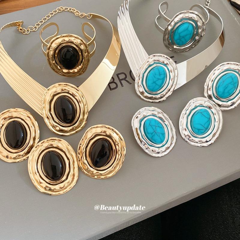 Acrylic Oval Ring Bracelet Stud Earrings Necklace Medieval Vintage Jewelry Set Light Luxury Niche Jewelry