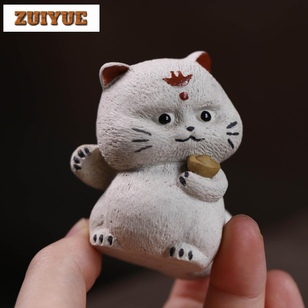 Yixing Zisha Ingot Cute Fortune Cat Tea Pet Vintage Fish Tank Landscaping Tea Figurine Play Toys Tea Statue Ornaments Supplies