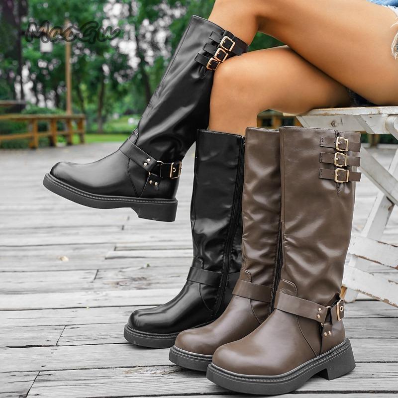 Moda Vintage Duży Rozmiar 36-42 Klamra Paska Kozaki Rycerskie Kobiety 2025 Jesień Nowe Okrągły Nosek Brytyjski Styl Botas Largas Mujer Czarny PU