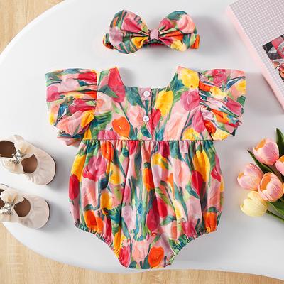 2PCS 0-2Y Baby Clothes Full of Tulip Toddler Girls Bodysuit One Piece Puff Sleeve Girls Clothes with Headband Infant Outfit