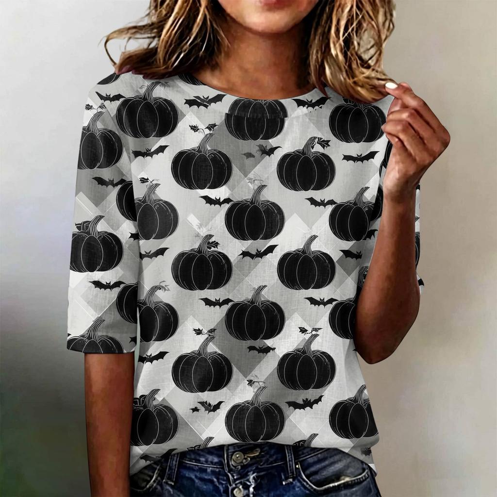 Women Casual Loose Fit Short Sleeve T Shirt Round Neck Lightweight Halloween Pumpkin Web Pattern Top