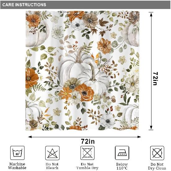 Fall Pumpkin Maple Leaf Shower Curtain, Autumn Thanksgiving Harvest Orange Pumpkin Design Bath Curta for Bathroom, Watercolor Floral Decor Waterproof