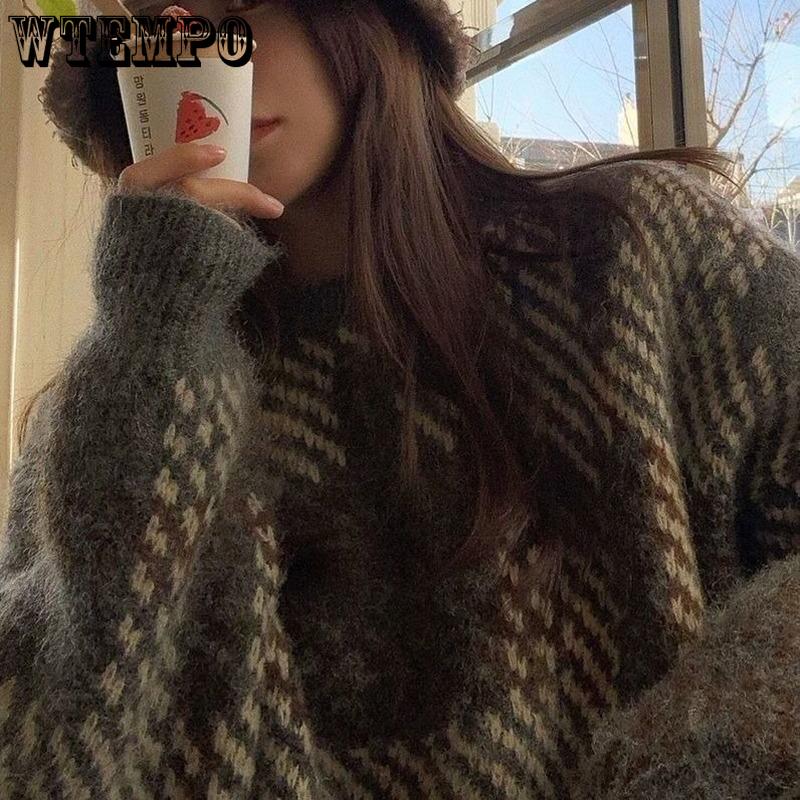 WTEMPO Soft Women's Autumn and Winter  New Plaid Retro Y2K Loose Lazy High-end Sense of Temperament Sweaters