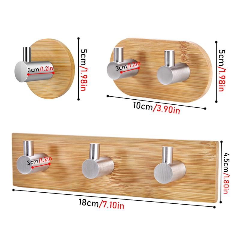 Bamboo Clothes Hook Towel Keys Adhesive Hook Stainless Steel Rustproof Coat Towel Holder Kitchen Bathroom Decorative Hanger