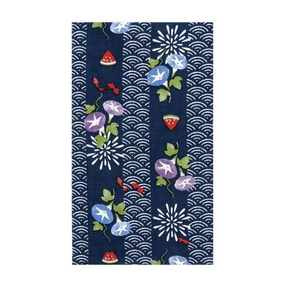 Hamamonyo Summer Blue Seigaiha Waves, Morning Glories, Fireworks, Watermelon, Goldfish Tenugui Cotton 100%