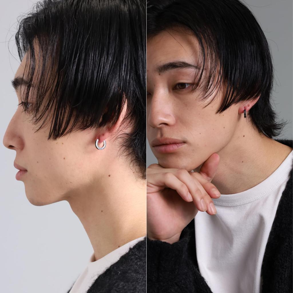 ION HEART LH-1 Line Hoop Earrings, Surgical Stainless Steel (Hypoallergenic), Men's (Includes Pouch), Direct from Manufacturer, Silver/Black