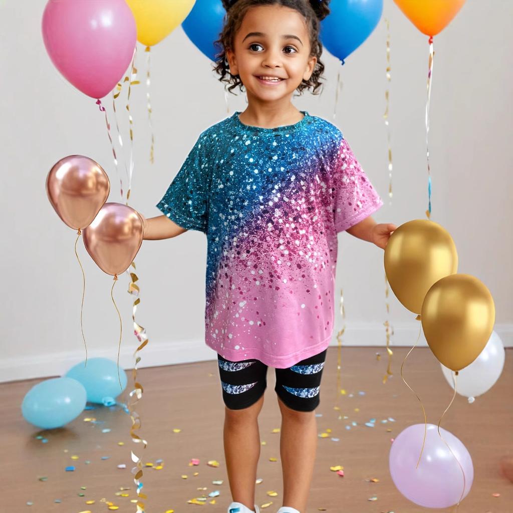 Mädchen Glitzer Party Pailletten Bedruckt Rundhals Kurzarm 2-teiliger Sommer Kinder Freizeitanzug