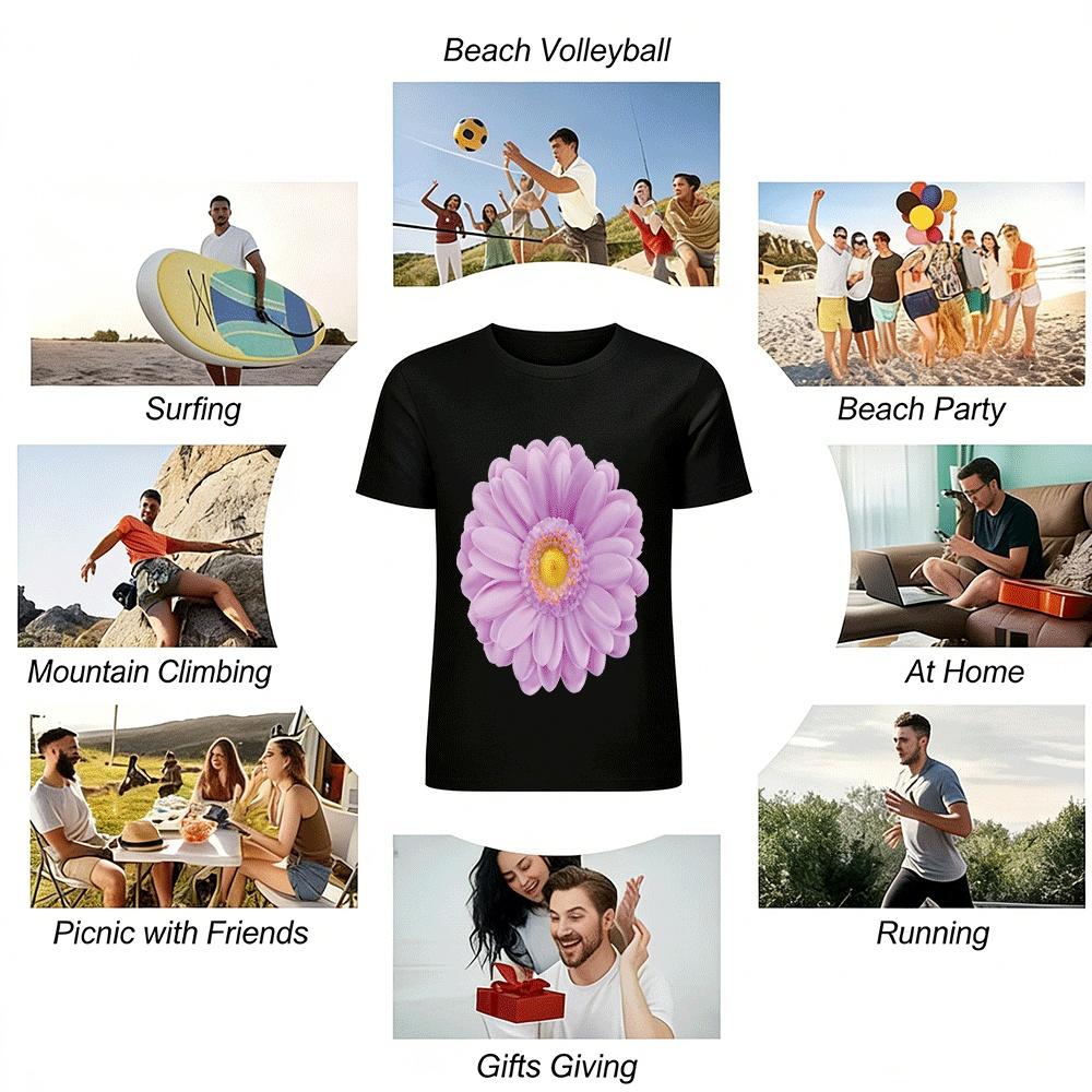 Pastel Purple Gerbera Print Casual Tee Daily Versatile Top Pure cotton T-shirt