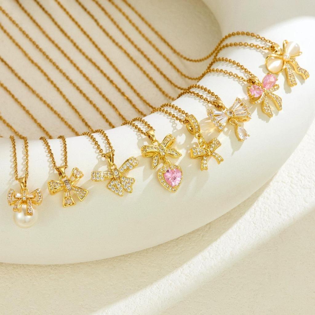 Sweet Zircon Bow Necklace - Women’s Titanium Steel Design