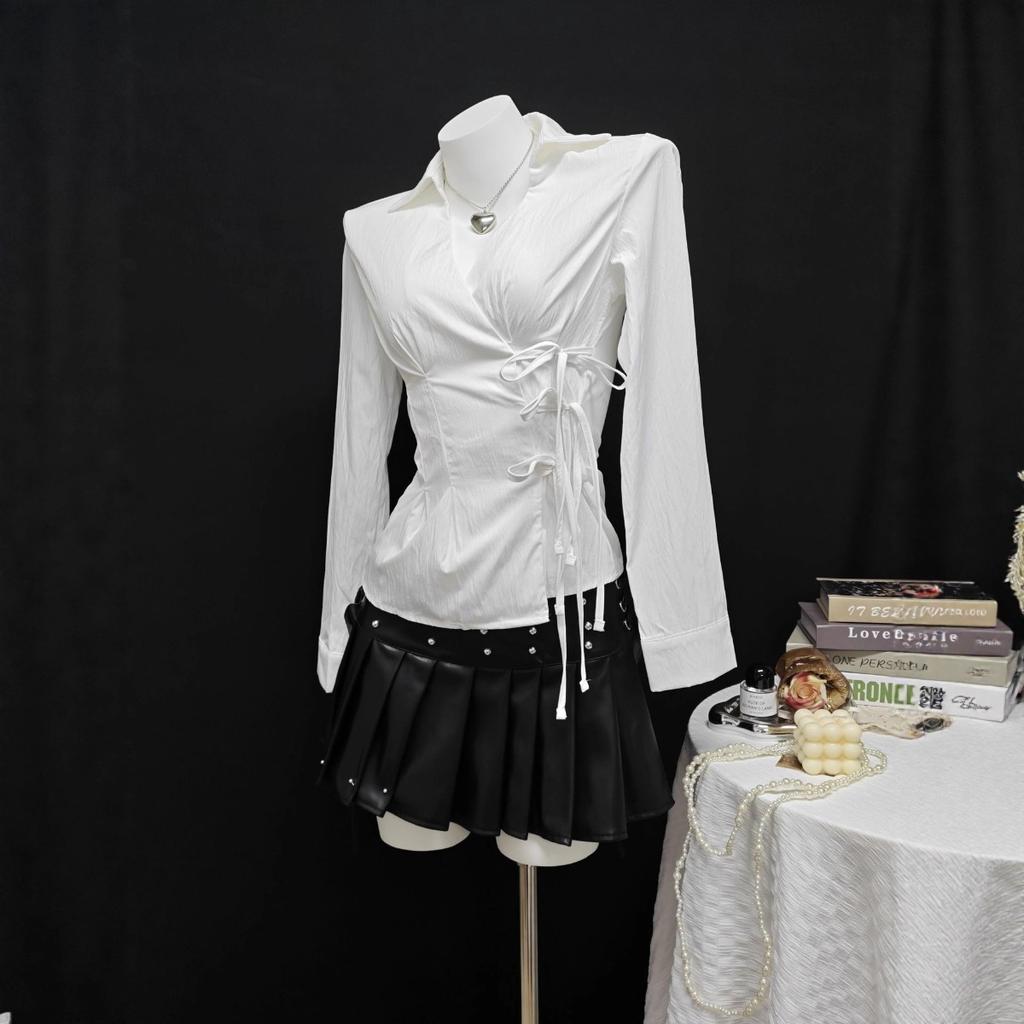 Women's Casual Top, Versatile, Elegant, Waist Cinching Design, Solid Color Women's Shirt