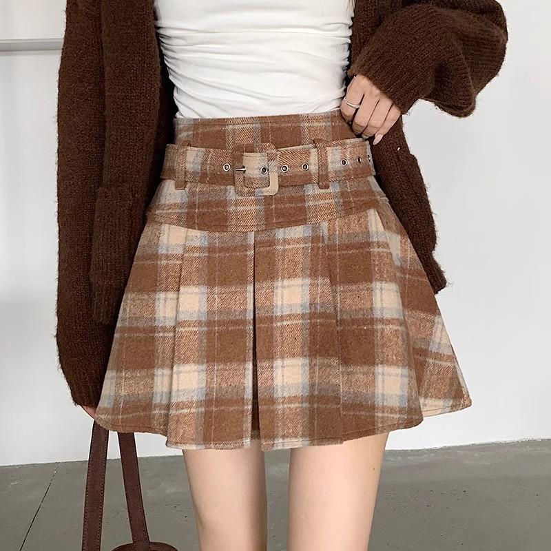High-Waisted Red Plaid Woolen A-Line Plus Size Pleated Skirt 4XL - For 75-82.5kg