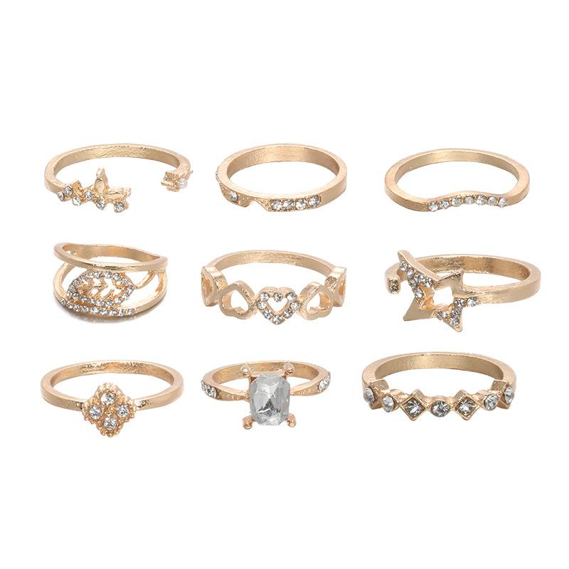 Exclusive For Fashionable Love Leaf Flash Diamond Combination 9-Piece Ring Set