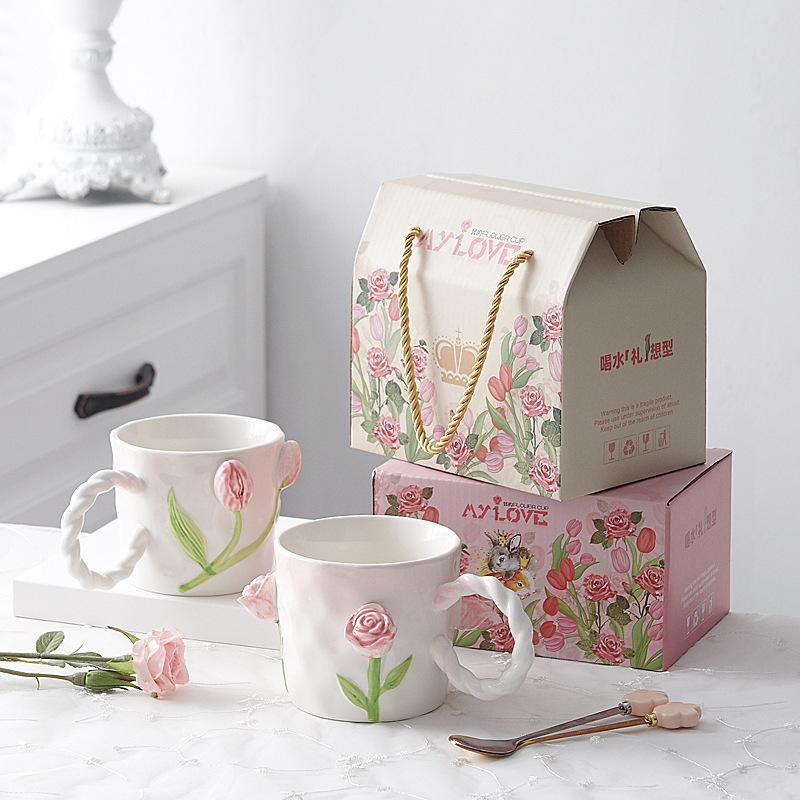 Tulip Hand-Painted Rose Cup Three-Dimensional Floating Flower Feeling Girlfriend Mug Ceramic Cup Souvenir Relief
