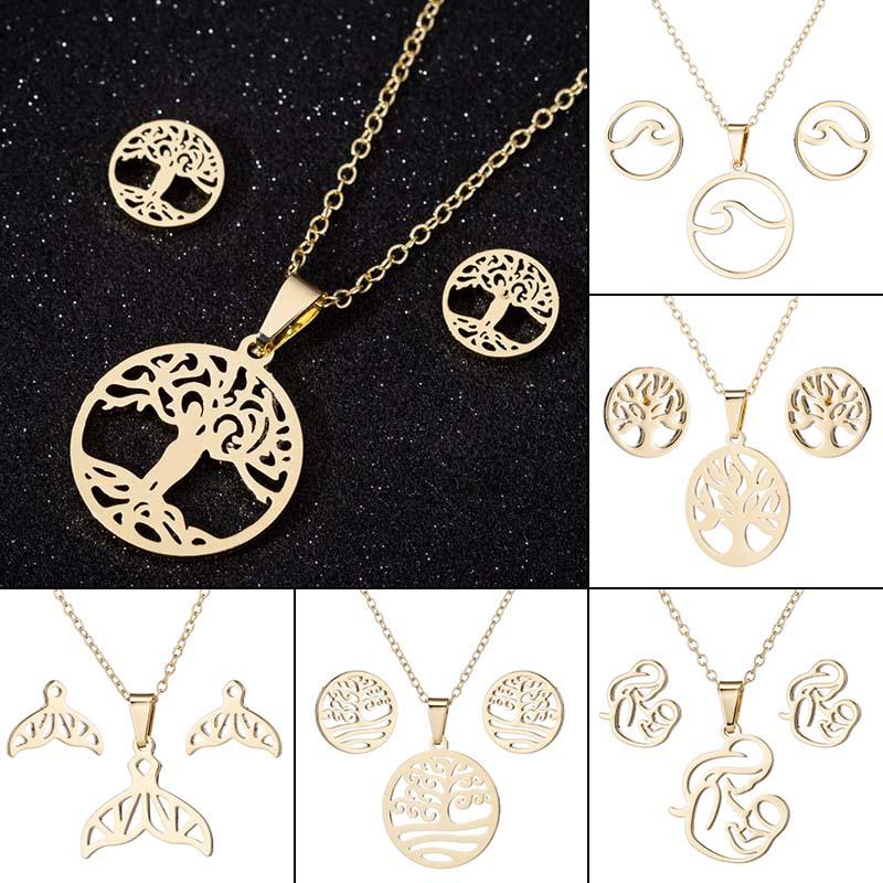 Thanksgiving Pendant Necklace & Earrings Set: Mother Holding Child, Stainless Steel Tree of Life Jewelry for Spring & Summer