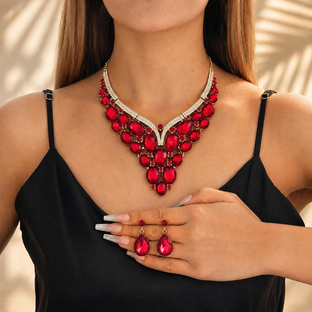 Accessoires Übertriebenes Retro Halsketten Ohrringe Schmuckset Damen Luxus Kristall Bankettkleid Accessoires Schlüsselbein Kette 2026