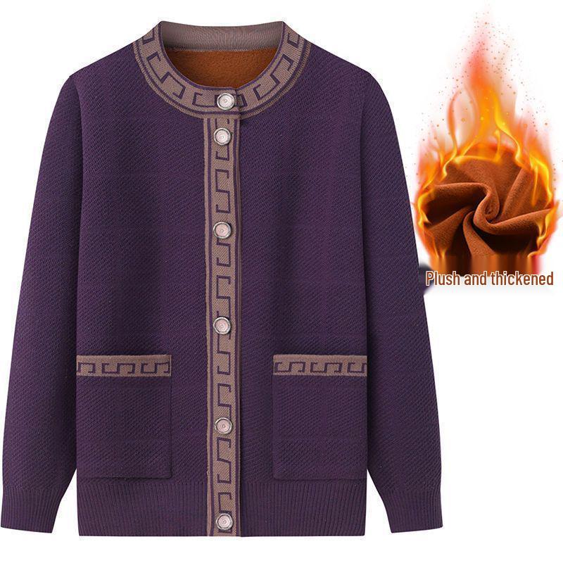 Women's Knit Cardigan with Plush Lining - Warm Autumn Coat for Middle-aged and Elderly