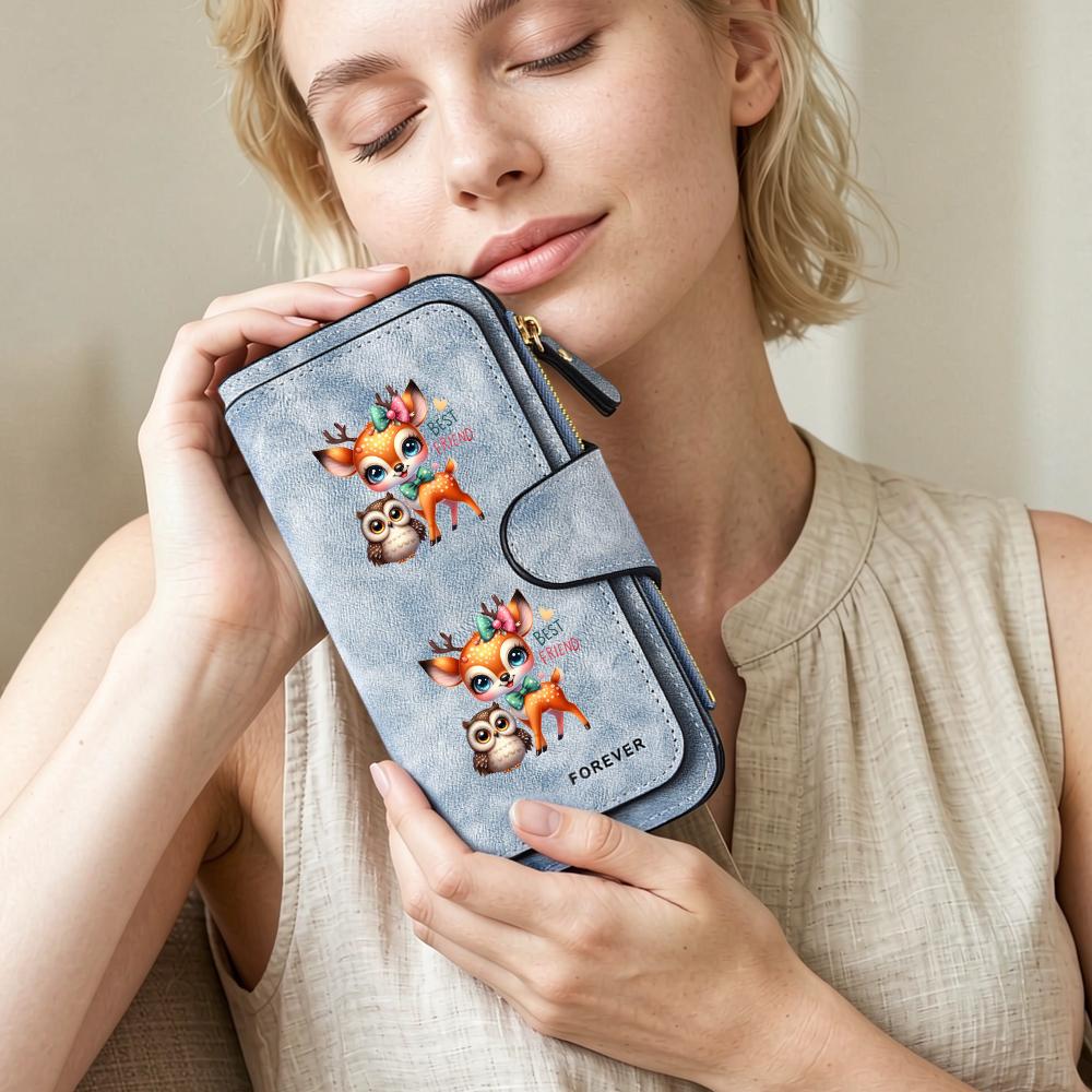 Cute Cartoon Deer Owl Printed Women Long Wallet Fashion Casual Large Capacity Portable Card Holder Purse
