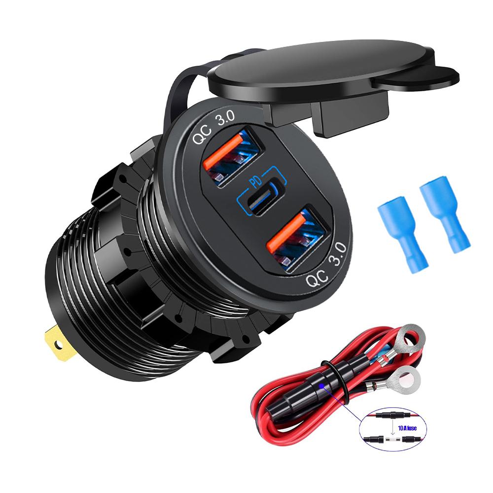 66W Car Charger Socket 12V/24V Socket 3 Ports USB Fast Charging PD and QC3.0 Car USB Port With LED Light and Touch Switch