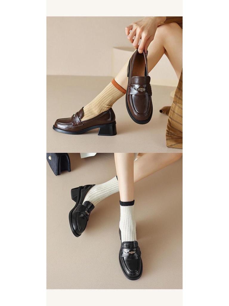 Women's 2025 Vintage Brown Preppy Loafers - Slip-On Coin Round Toe Leather Shoes with Kitten Heel
