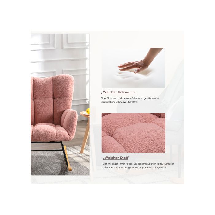 Fauteuil à bascule - MUVOE - Mid Century - tissu peluche capitonné - base bois &amp; cadre métal - Rose