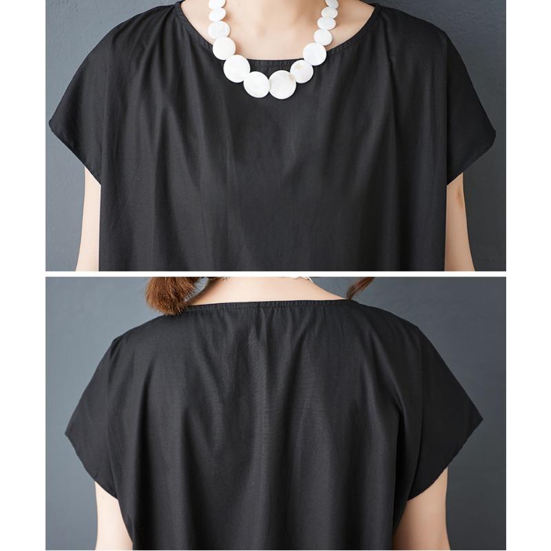 Dimanaf Plus Size Loose Dress Women 2025 Pleated New Summer Style Shirt O-Neck Black Dress