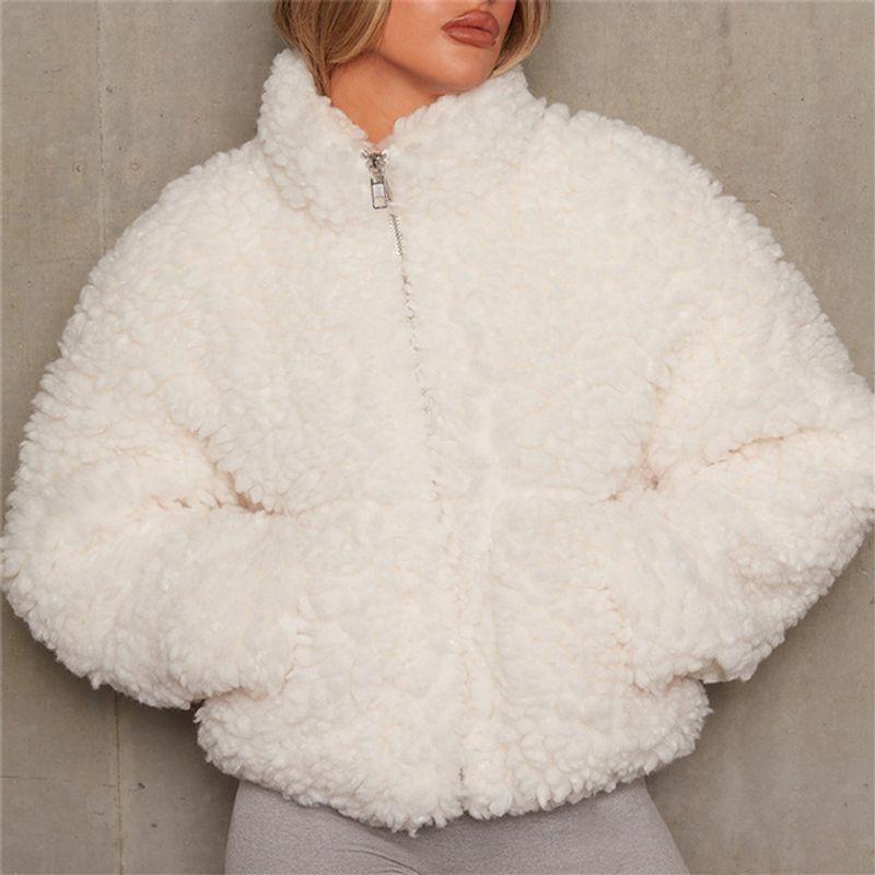 

Solid Color and Velvet Cardigan Jacket Solid Color with Fur Cardigan Short Coat Beige White L