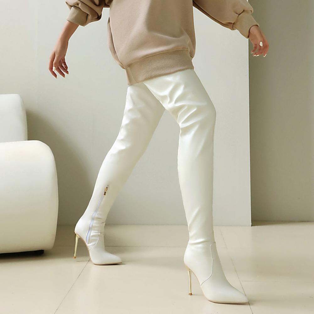 Sexy Damen-Overknee-Stiefel, Mädchen-High-Heel-Stiefel, plissiertes Lackleder, Motorrad, spitze Zehen, Reißverschluss-Schuhe