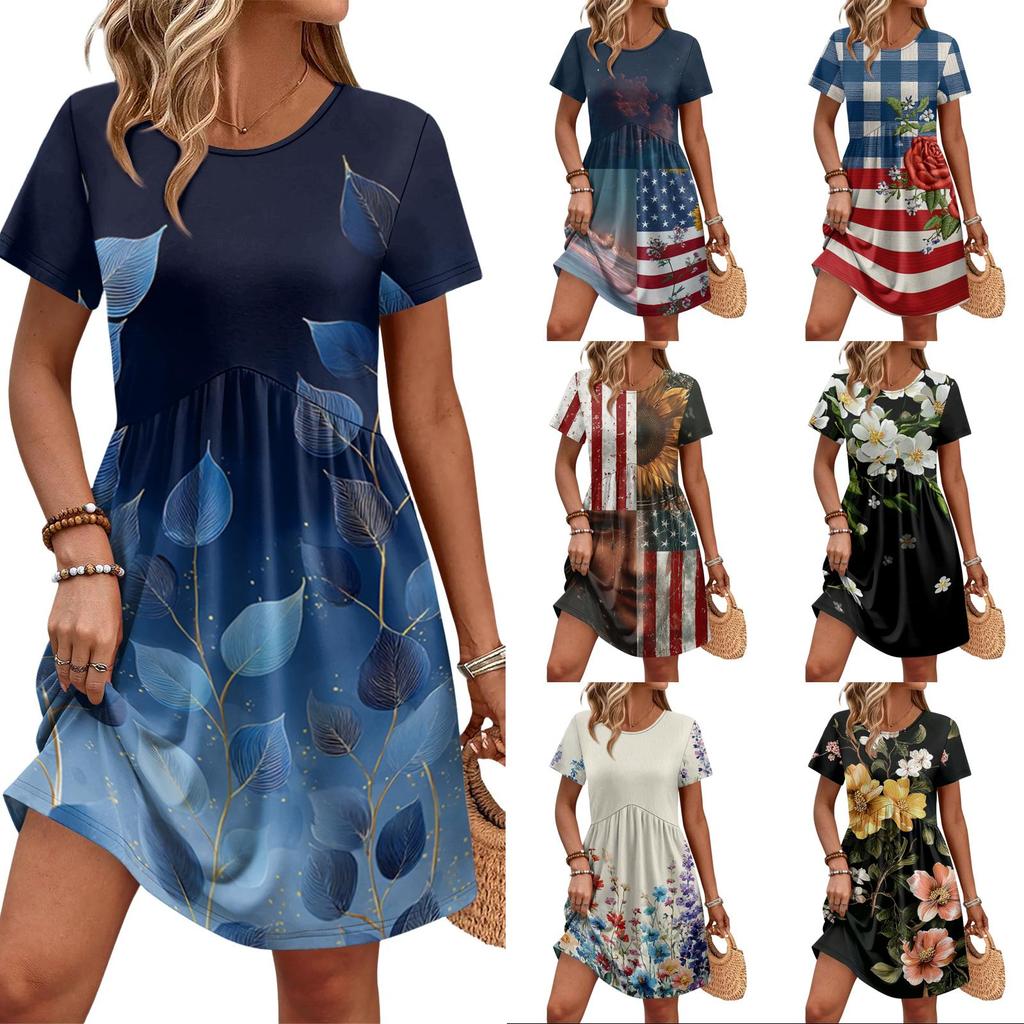 Women's Short Sleeve Casual Dress Floral Print Round Neck Waist Tie with Pockets Relaxed Fit Summer Dress