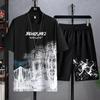Men's Casual Sport Ice Silk Suit Printed Sweatshirt Sweatpants Outdoor Jogging Sports Basketball Training Fitness 2 Piece Suit