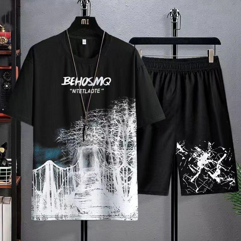 Men's Casual Sport Ice Silk Suit Printed Sweatshirt Sweatpants Outdoor Jogging Sports Basketball Training Fitness 2 Piece Suit