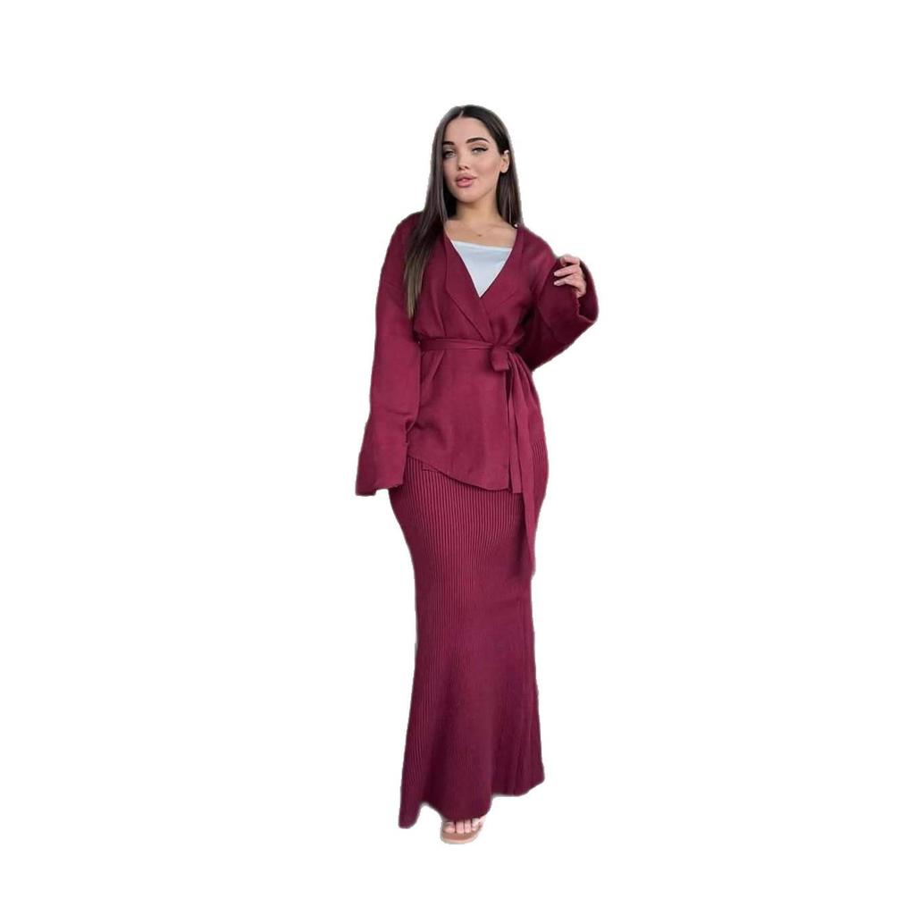 2025 Autumn V-Neck Tie-Up Knitted Bodycon Wool Dress for Women