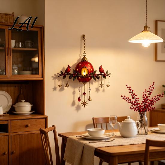 Vintage Stil Urlaubsdekoration Beleuchtetes Rote Beere Kiefernzapfen Ornament Vogel Weihnachtsglocke Winter Saisonale Aufhängung mit Warmem Leuchten Haus Veranda Kamin