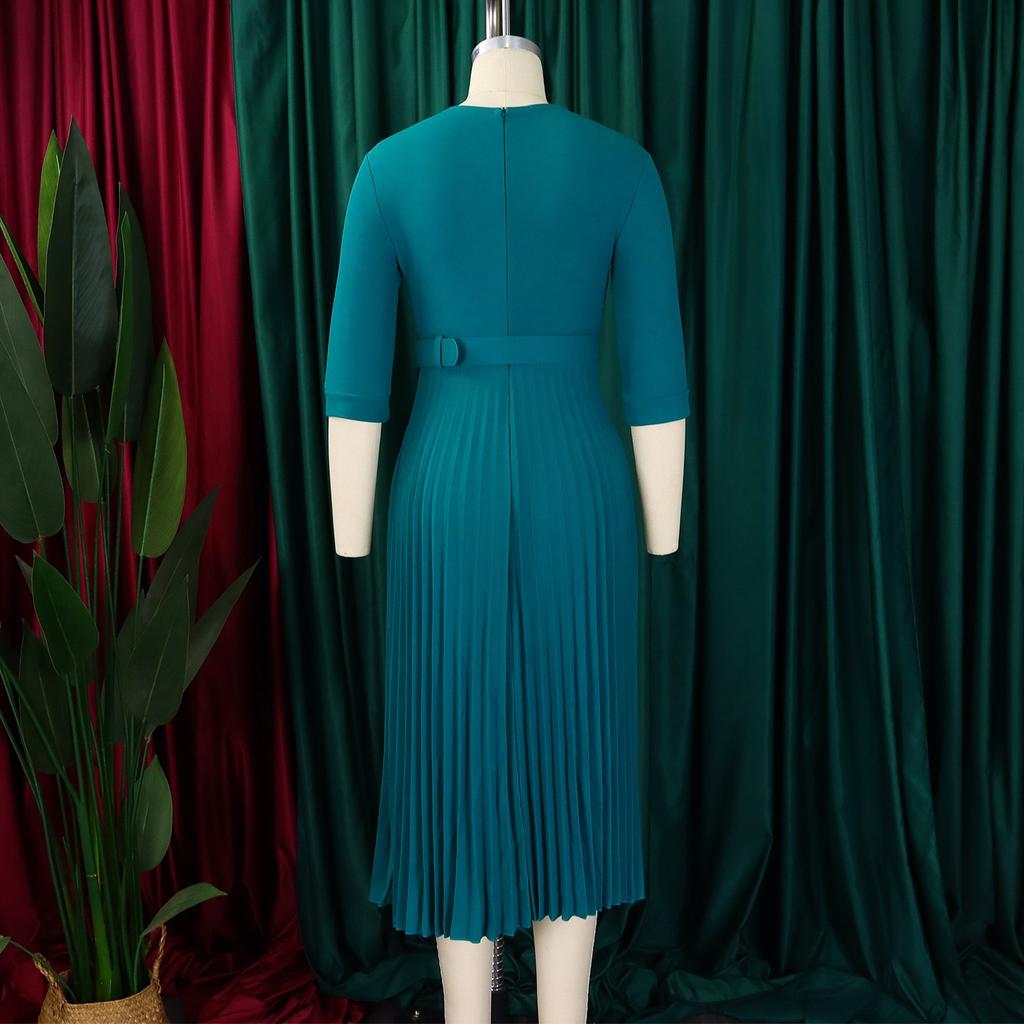 Elegant Office Lady Dresses Spring Autumn Plus Size Half Sleeve Belt Waisted Party Dress Plus Size Casual Dress