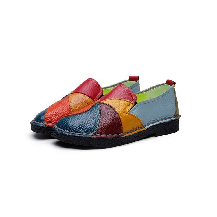 New Flat Women's Shoes Genuine Leather Casual Color-blocking Women's Singles Shoes Middle Mother's Shoes Large Size Shoes