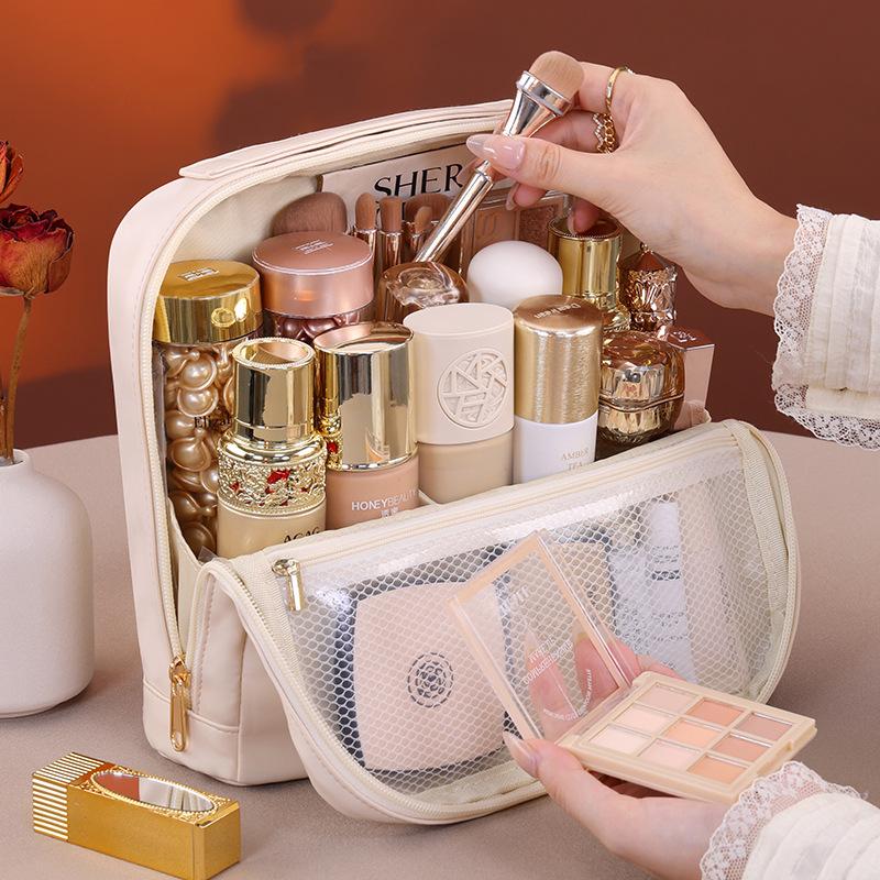 Magnetic standing makeup bag, portable for outdoor use, large capacity partitioned storage, makeup storage bag, toiletry bag