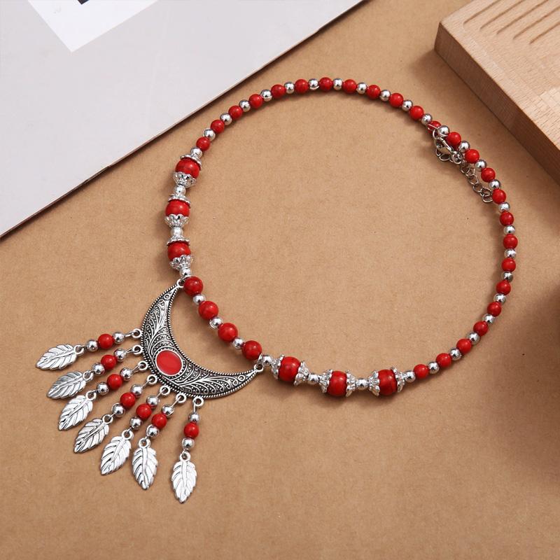 

1 шт. Каменные бусины Ювелирные аксессуары Длинная цепочка Разноцветный Этнический Бохо Сплав Резьба Прокладки Лист Красный Камень Кисточка Ожерелье красный