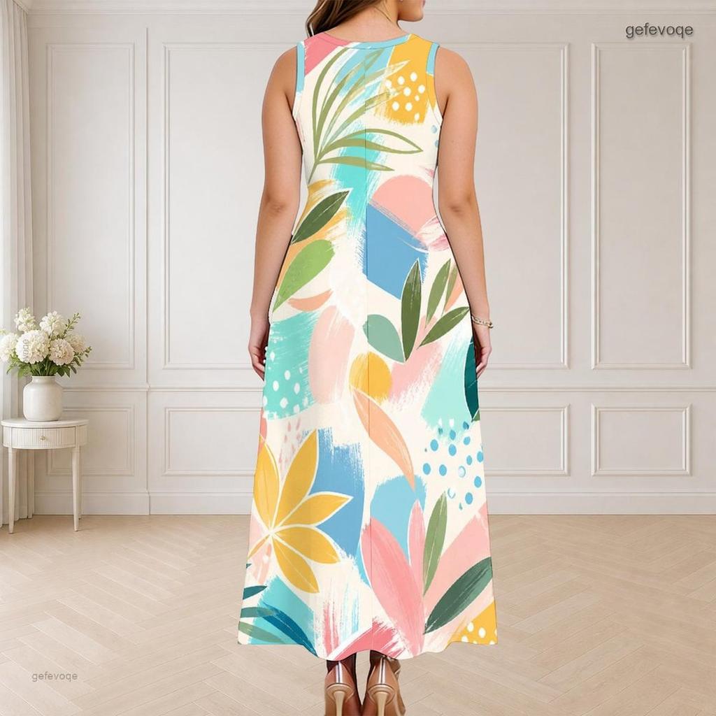 Women Plus Size Round Neck Triple Keyhole Cutout Sleeveless Printed Maxi Dress