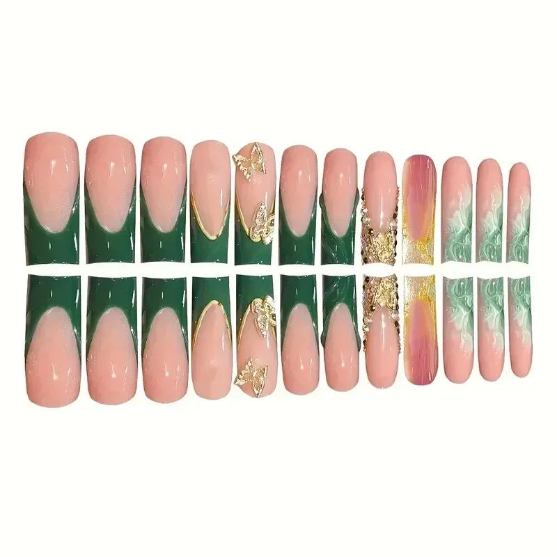 24Pcs Green French Fake Nails With Diamond Gold Butterfly Elegant Long Square Acrylic Artificial Press On Nails